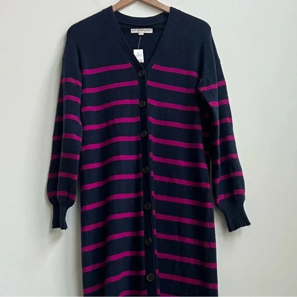 NEW ANN TAYLOR LOFT NAVY BLUE PINK STRIPED LONGLINE CARDIGAN SWEATER MIDI DRESS - Picture 7 of 15